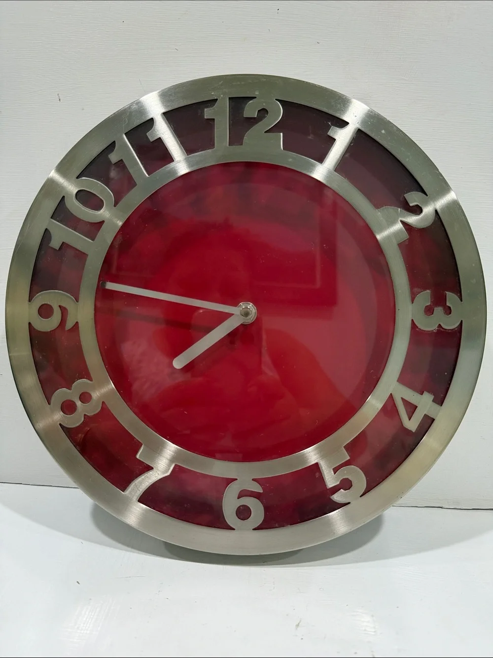 Contemporary Red Wall Clock 11” in Diameter with Brushed Silver Numeral Frame